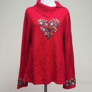 Coldwater Creek Embroidered Sweater Red Cottagecore Heart Tree Floral Sz Medium
